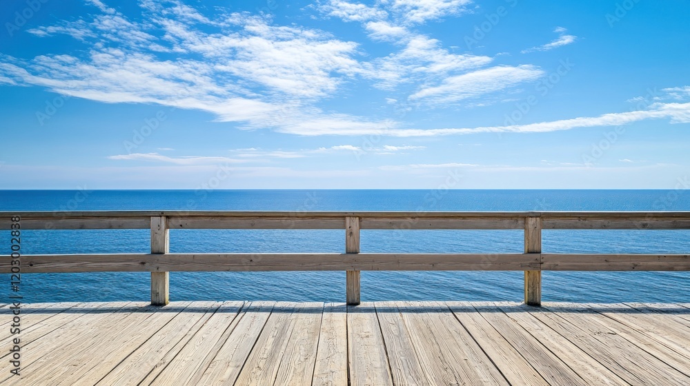 Fototapeta premium Wooden Deck Overlooks Tranquil Blue Ocean Under Sunny Skies