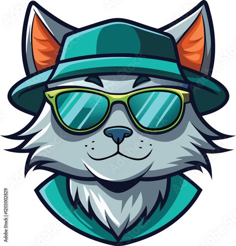 Beautiful animal cat head wearing sunglasses and hat vector artwork illustration