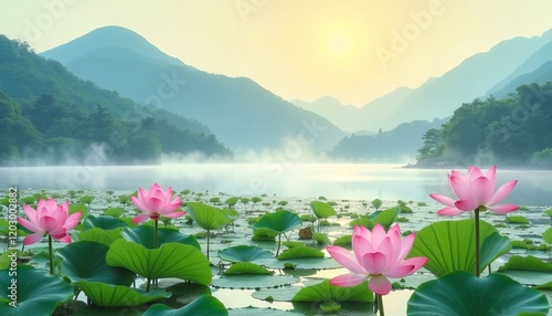 Fototapeta Naklejka Na Ścianę i Meble -  Pink lotus flowers in a misty lake with mountains at sunrise