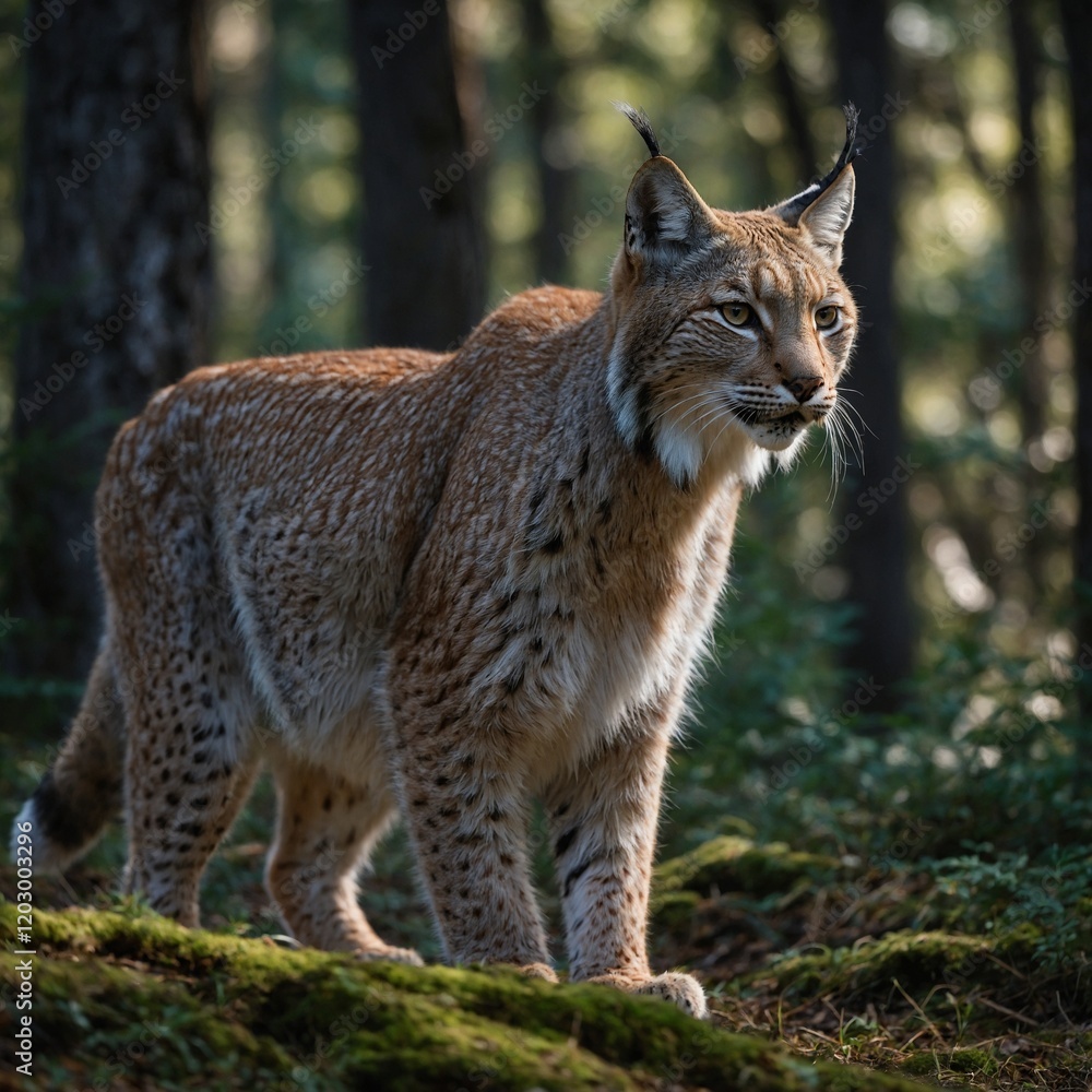 Capture a lynx walking gracefully in a forest, side-view, taken with a DSLR and featuring a blurred natural background. Capture a lynx walking gracefully in a forest, side-view, taken with a DSLR and featuring a blurred natural background.