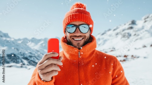 Vibrant Winter Adventure Man in Colorful Knit with Glossy Tech Gadget for Social Sharing - Youthful Outdoor Gear Promotion and Lifestyle Insight photo