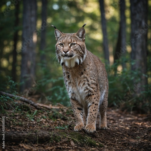 Take a high-quality image of a bobcat mid-step in a side pose, shot with a DSLR and a blurred wooded backdrop.