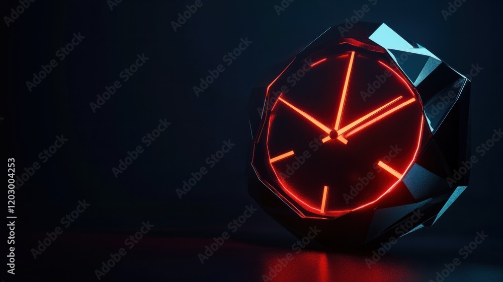 custom made wallpaper toronto digitalA futuristic 3D clock icon with bold geometric shapes and glowing red accents, isolated on a dark backdrop