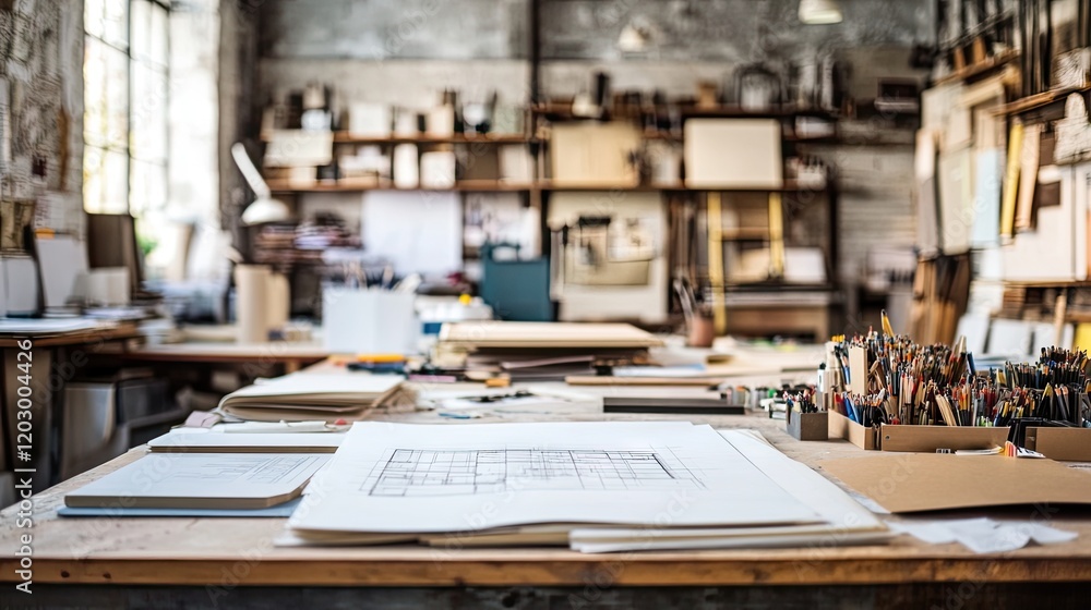 A panoramic shot of an architect's studio with blueprints and models displayed. A panoramic shot of an architect's studio with blueprints and models displayed.