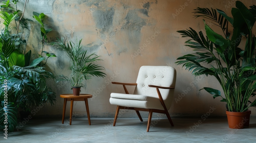 Modern armchair amidst lush indoor greenery against a textured wall Modern armchair amidst lush indoor greenery against a textured wall