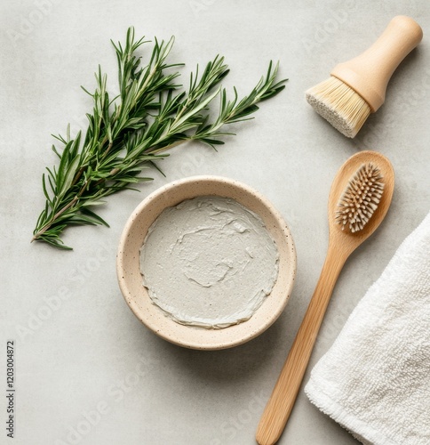 Minimalist Skincare Ritual Ceramic Bowl with Natural Clay Mask and Rosemary on Concrete - Modern Eco Beauty Content and Sustainable Spa Marketing photo