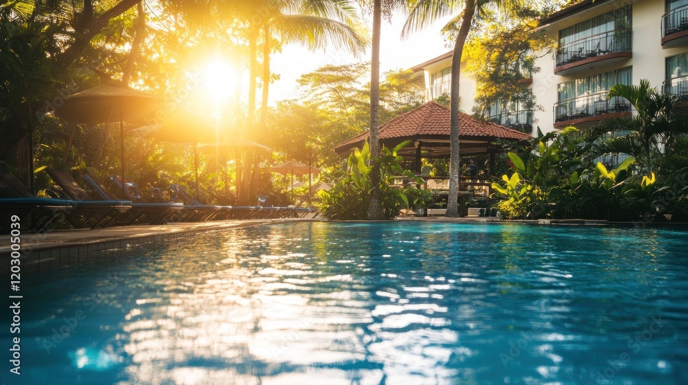 Tropical Resort Pool Sunset Scene With Lounge Chairs Tropical Resort Pool Sunset Scene With Lounge Chairs