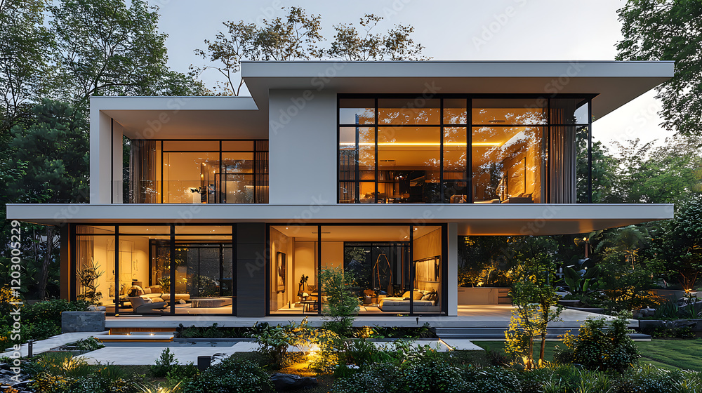 Modern two-story house with large windows, illuminated at dusk.