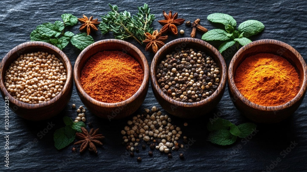 Aromatic Spices and Herbs in Wooden Bowls on Dark Background Aromatic Spices and Herbs in Wooden Bowls on Dark Background