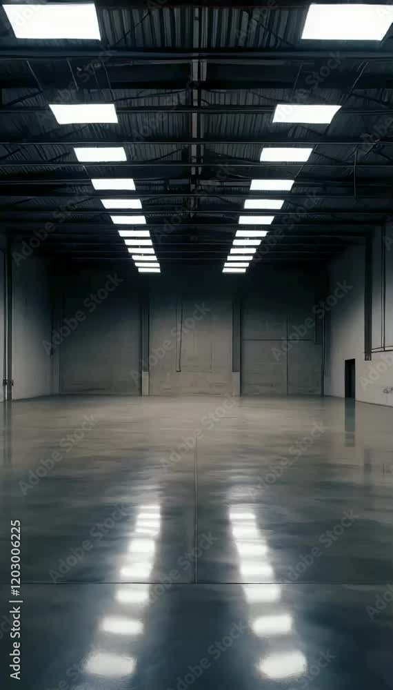 Generate an image of a large, empty industrial space with a high ceiling and a polished concrete floor. The space should be illuminated by a grid of bright, overhead lights, casting dramatic shadows. Generate an image of a large, empty industrial space with a high ceiling and a polished concrete floor. The space should be illuminated by a grid of bright, overhead lights, casting dramatic shadows.