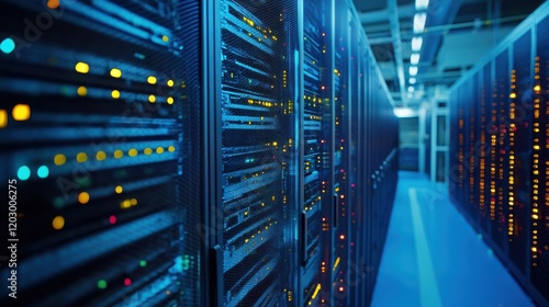 High-tech data center with rows of servers illuminated by colorful LED lights