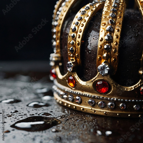 Royal gold crown with red and blue diamonds on drack  background photo