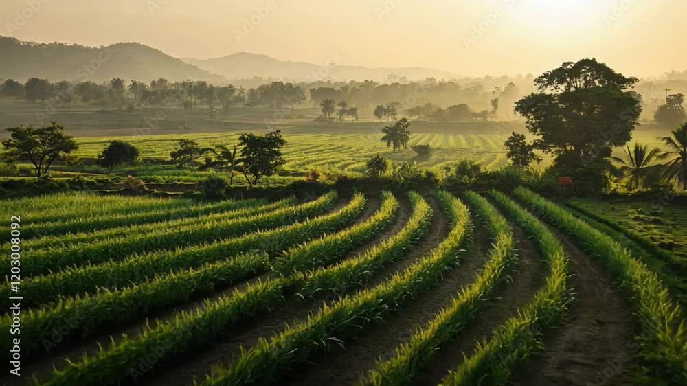 A field of corn is shown in the foreground with a mountain in the background