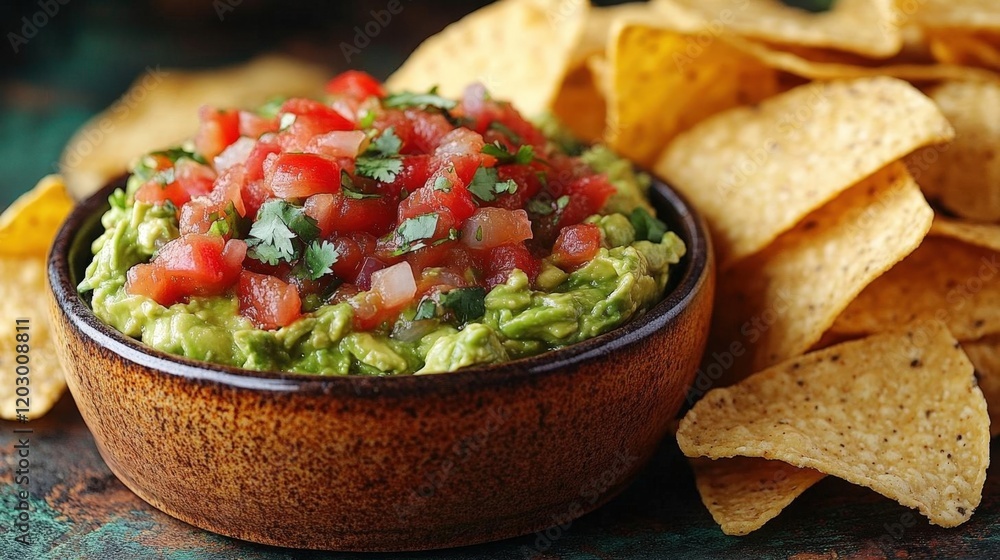 Close-up of Creamy Guacamole with Fresh Salsa and Crispy Tortilla Chips Close-up of Creamy Guacamole with Fresh Salsa and Crispy Tortilla Chips