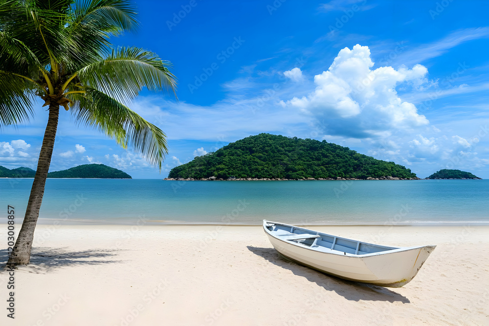 Tropical Beach Paradise: Boat on White Sand Tropical Beach Paradise: Boat on White Sand