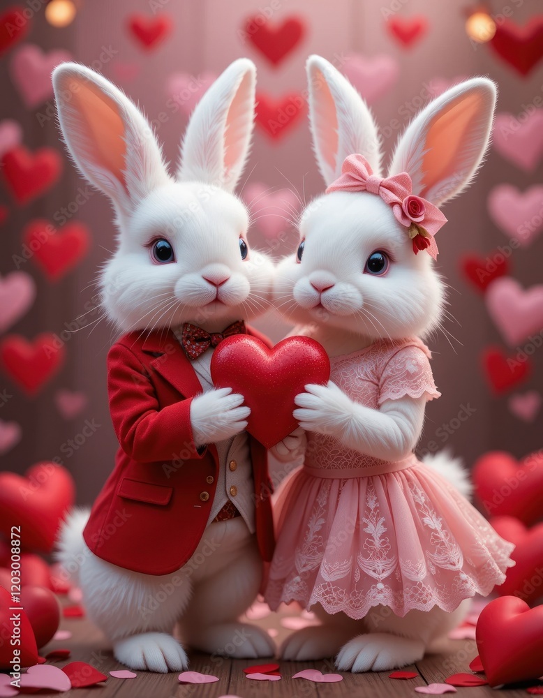 Obraz premium A pair of bunnies posing romantically, holding a red heart. Perfect for Valentine's cards, product designs, or other creative projects that convey a message of love and affection.