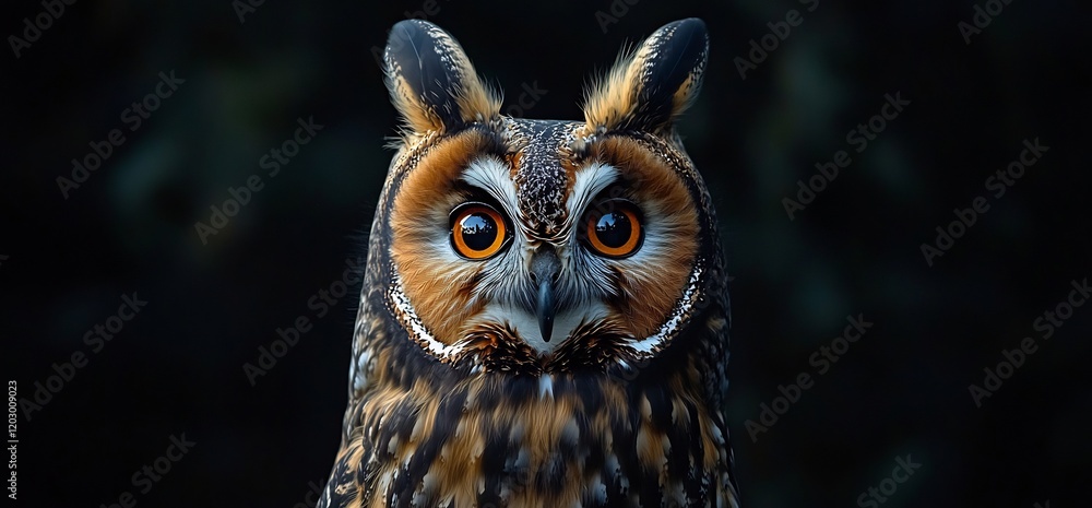 Fototapeta premium Close up portrait of an owl with striking orange eyes and feathered ears