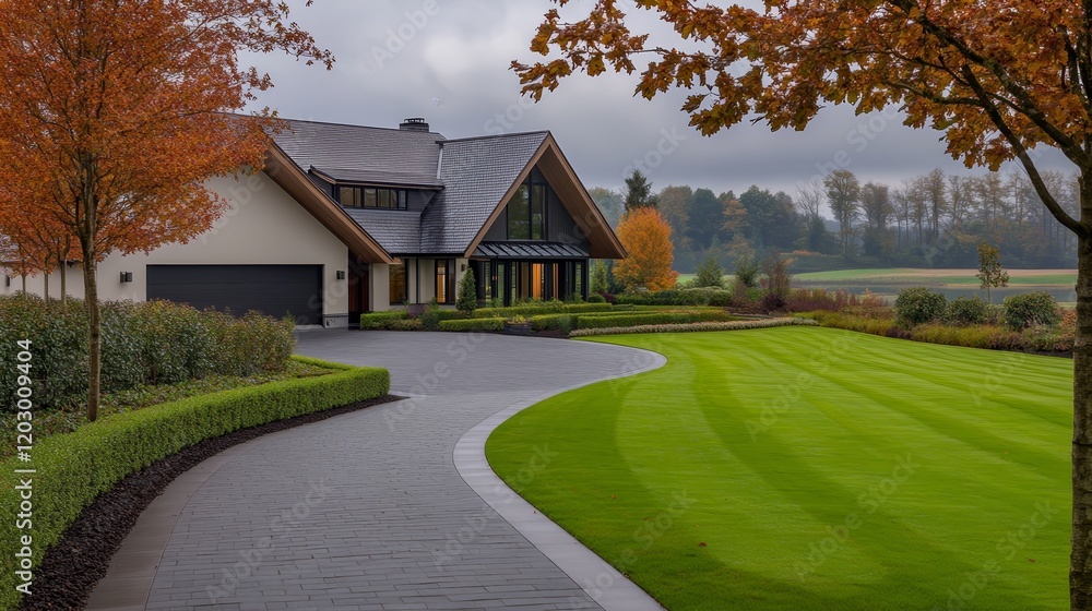 A modern house with a landscaped garden and curved driveway surrounded by autumn trees. A modern house with a landscaped garden and curved driveway surrounded by autumn trees.