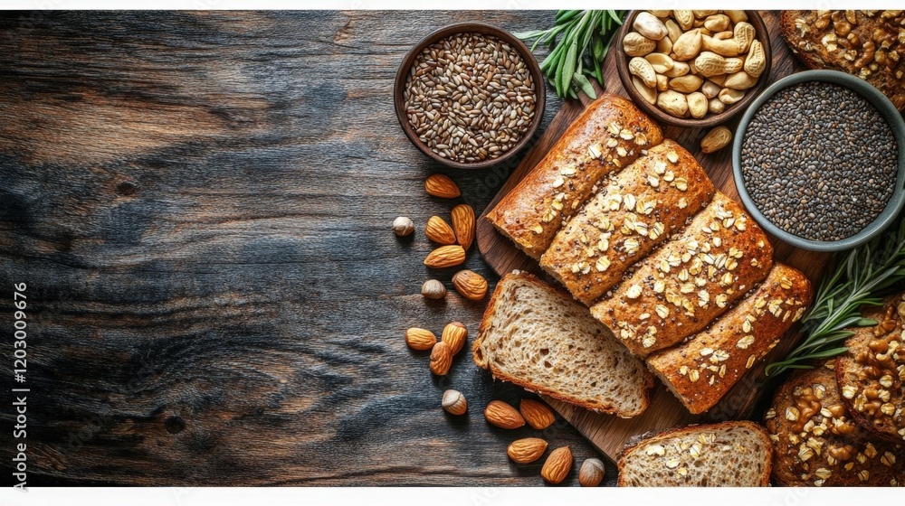 Artisan Bread with Nuts and Seeds on Rustic Wooden Table Artisan Bread with Nuts and Seeds on Rustic Wooden Table