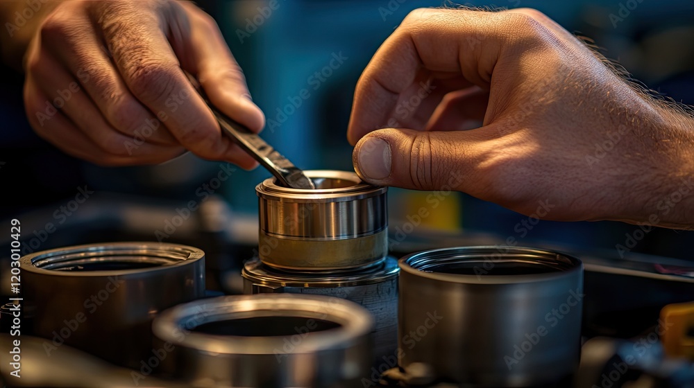 Hands carefully placing a piston into the engine block using proper alignment techniques. Hands carefully placing a piston into the engine block using proper alignment techniques.