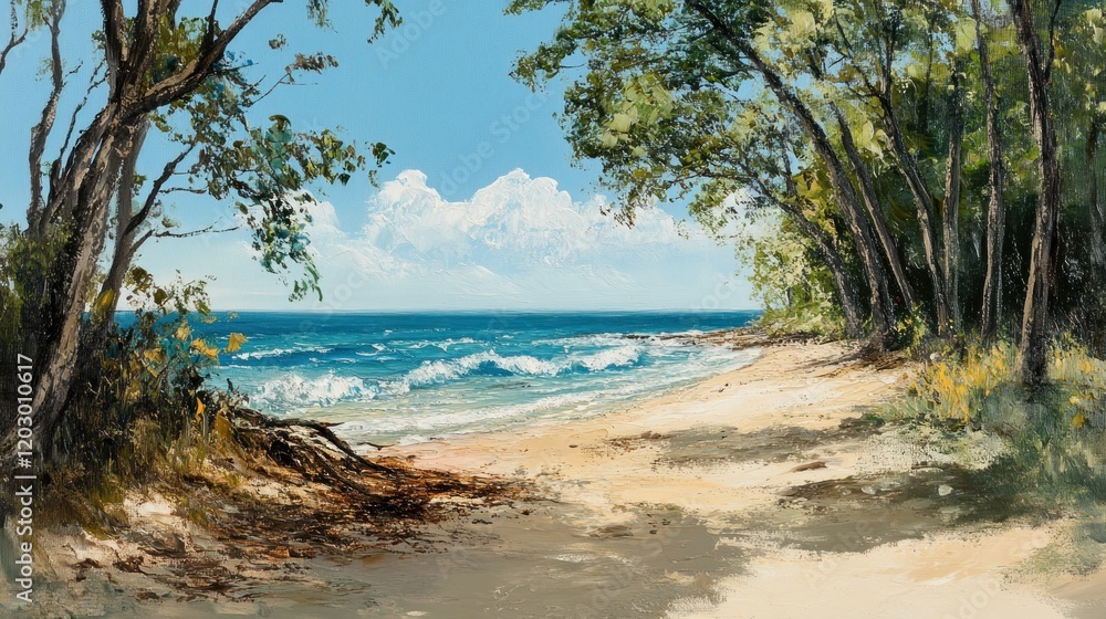 Coastal Scene with Trees and Ocean Waves Coastal Scene with Trees and Ocean Waves