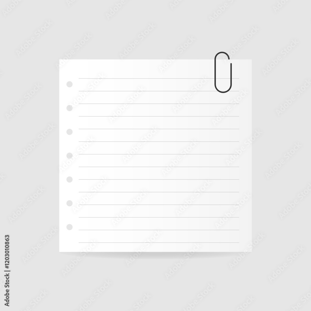 White square paper reminder, sticky note, realistic sticker with striped markings and paper clip. Vector illustration on isolated background with shadow White square paper reminder, sticky note, realistic sticker with striped markings and paper clip. Vector illustration on isolated background with shadow