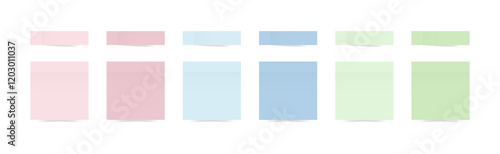 Set of square self adhesive stickers, short small paper adhesive tapes. Colored sticky note with shadows. Isolated realistic vector illustration on white background
