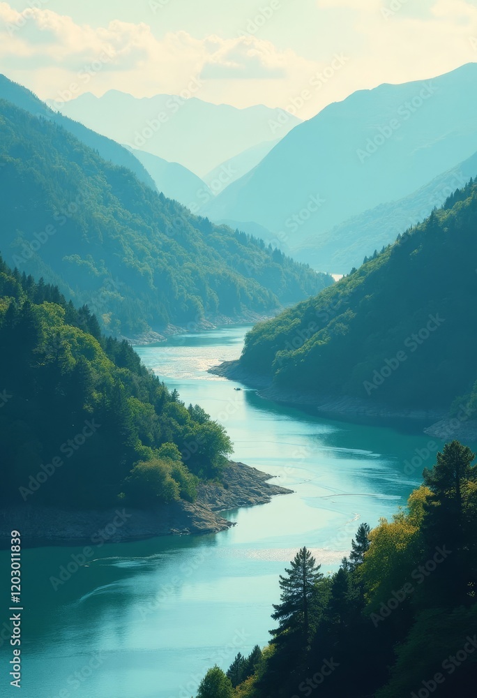Obraz premium River flows between tree covered mountains