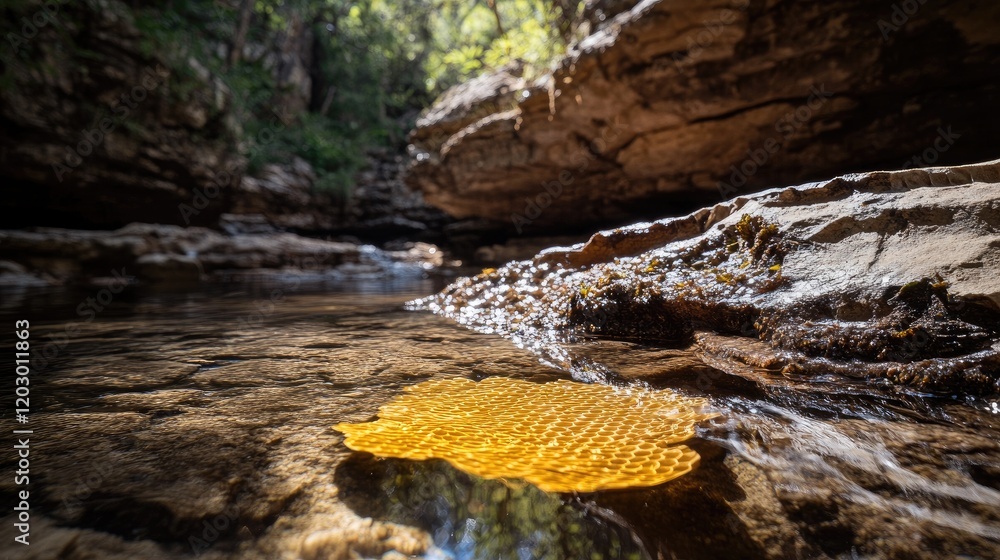 Golden Honeycomb Rests In A Rocky Stream Bed Golden Honeycomb Rests In A Rocky Stream Bed