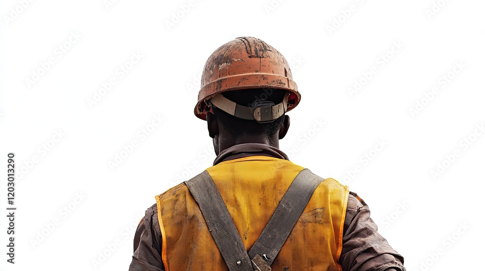 Obraz premium A construction worker seen from behind, wearing an orange hard hat and a reflective safety vest with yellow and gray stripes.