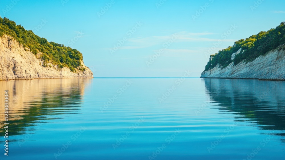 Fototapeta premium Serene Coastal Inlet Between Verdant Cliffs and Calm Water
