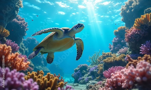 Fototapeta Naklejka Na Ścianę i Meble -  Sea turtle swimming over coral reef with sun rays shining