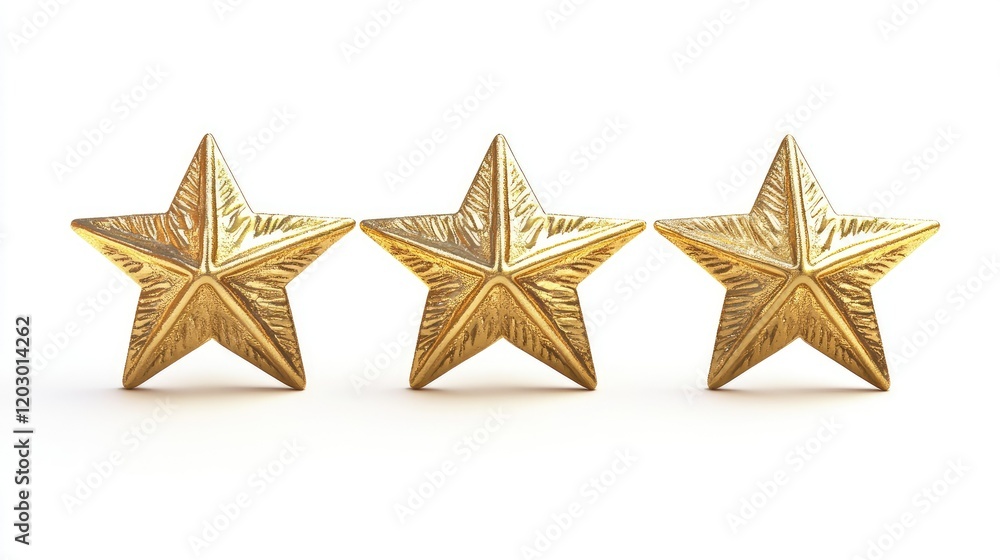 A row of five shiny, gold, three-dimensional stars arranged horizontally against a white background. A row of five shiny, gold, three-dimensional stars arranged horizontally against a white background.