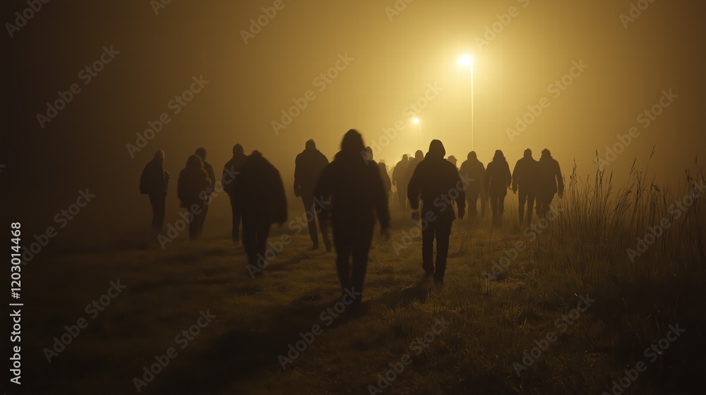 Fototapeta premium A group of people walking in the dark