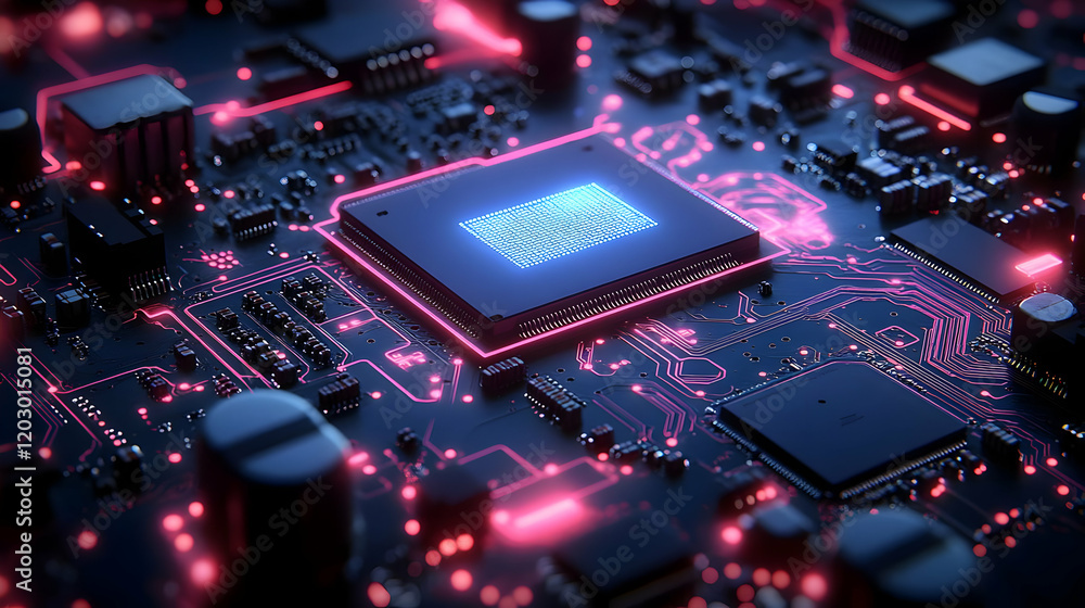 Close-up of a glowing microchip on a circuit board, showcasing intricate technological details and vibrant neon lighting effects. Close-up of a glowing microchip on a circuit board, showcasing intricate technological details and vibrant neon lighting effects.