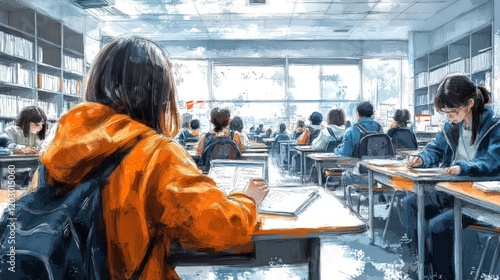 Students studying in bright classroom, large window.