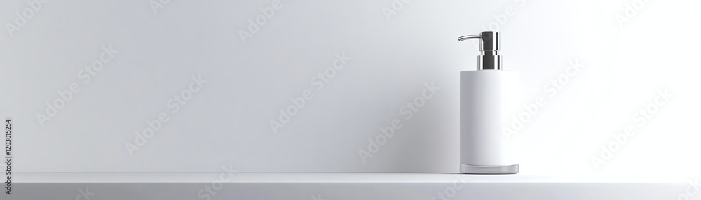 Minimalistic white soap dispenser on a shelf against a white background. Minimalistic white soap dispenser on a shelf against a white background.