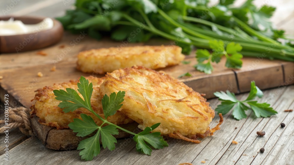 Close-up of crispy hash browns and green parsley on a rustic wood surface, spring ingredients, garden fresh, rustic wood Close-up of crispy hash browns and green parsley on a rustic wood surface, spring ingredients, garden fresh, rustic wood