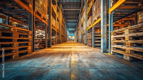 Wooden Pallets Stacked High In A Large Warehouse
