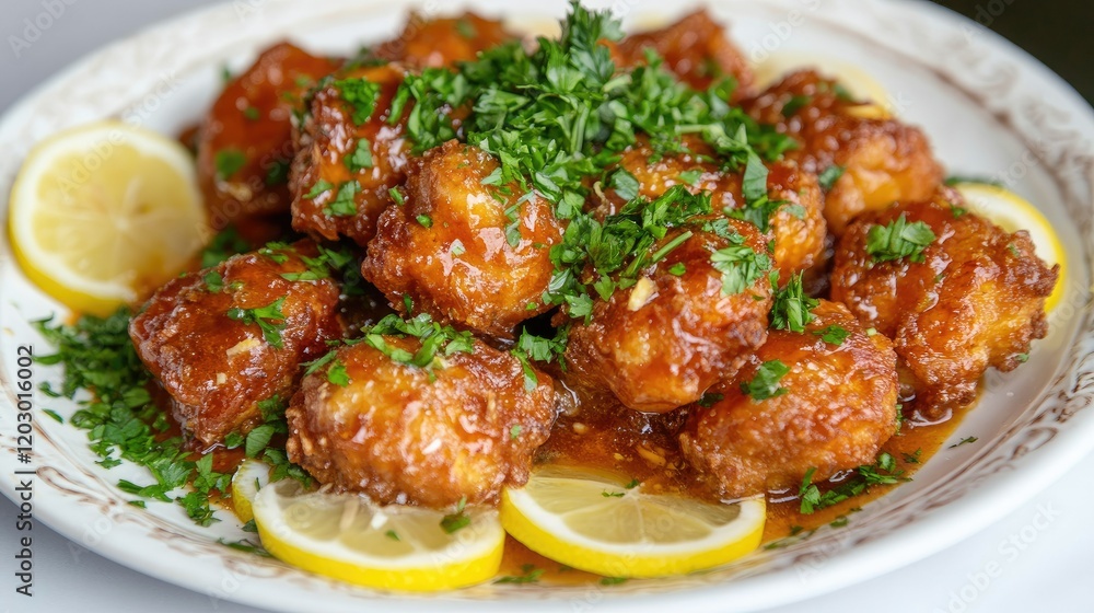 A plate of crispy, golden-brown breaded chicken cutlets garnished with fresh parsley and served with lemon slices. A plate of crispy, golden-brown breaded chicken cutlets garnished with fresh parsley and served with lemon slices.