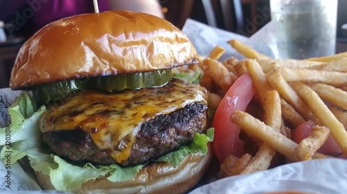 Juicy Cheeseburger with Fries and Pickles