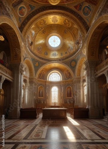 Christus Pantokrator Mosaic Church's interior with golden domed ceiling, Byzantine, architecture photo