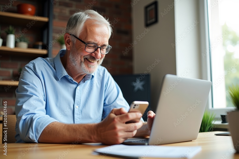 Elderly Man Joyfully Engaging with Smartphone While Working on Laptop in Modern Home Office, Illustrating Technology Adoption Among Seniors Elderly Man Joyfully Engaging with Smartphone While Working on Laptop in Modern Home Office, Illustrating Technology Adoption Among Seniors