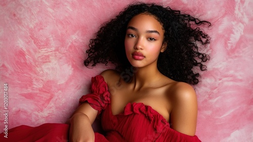 Young woman in red dress against pink background