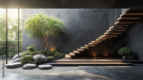 3D rendering of a modern interior design with a stylish staircase feature. photo