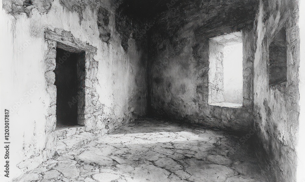 Ruined room, cracked walls, light through window. Ruined room, cracked walls, light through window.