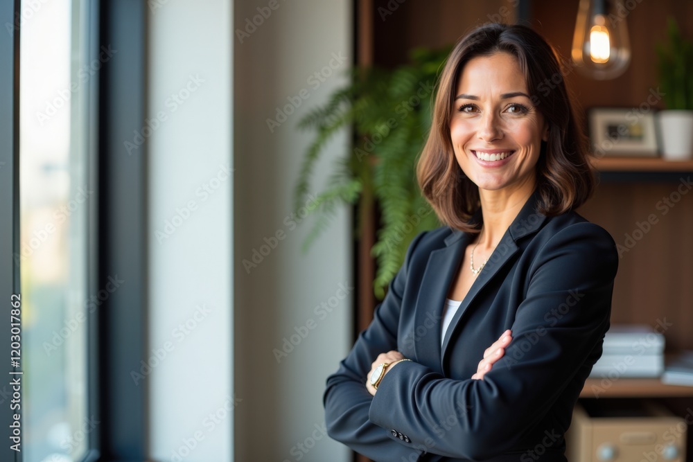 Confident Businesswoman in Modern Office Setting Smiling with Professional Attire and Stylish Décor, Showcasing Success and Positivity Confident Businesswoman in Modern Office Setting Smiling with Professional Attire and Stylish Décor, Showcasing Success and Positivity