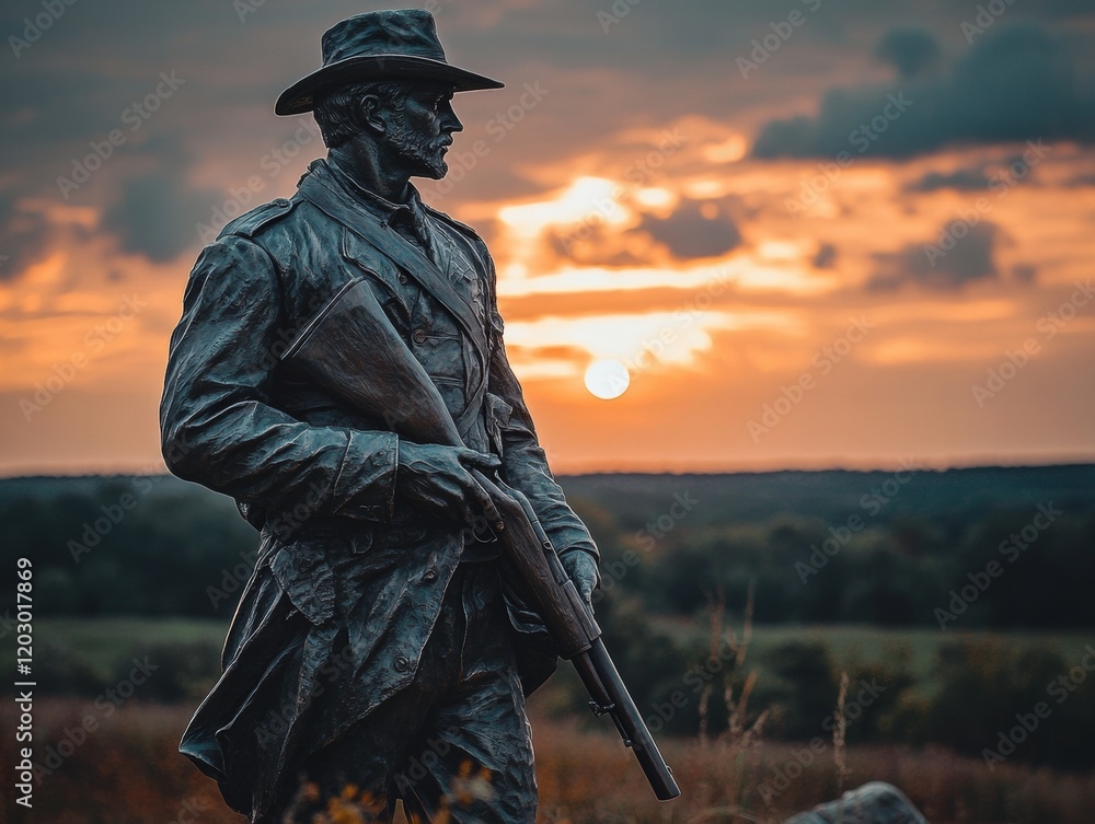 Fototapeta premium Timeless Military Art Bronze Soldier Statue at Sunset - Heritage Tribute Content and Historical Memorial Design for Cultural Engagement