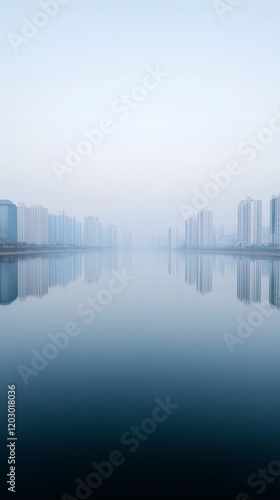 Minimalist Urban Waterway Design Glassy City Lake with Reflection of High-Rises - Enhancing Urban Planning and Architectural Aesthetics for Sustainable Development
