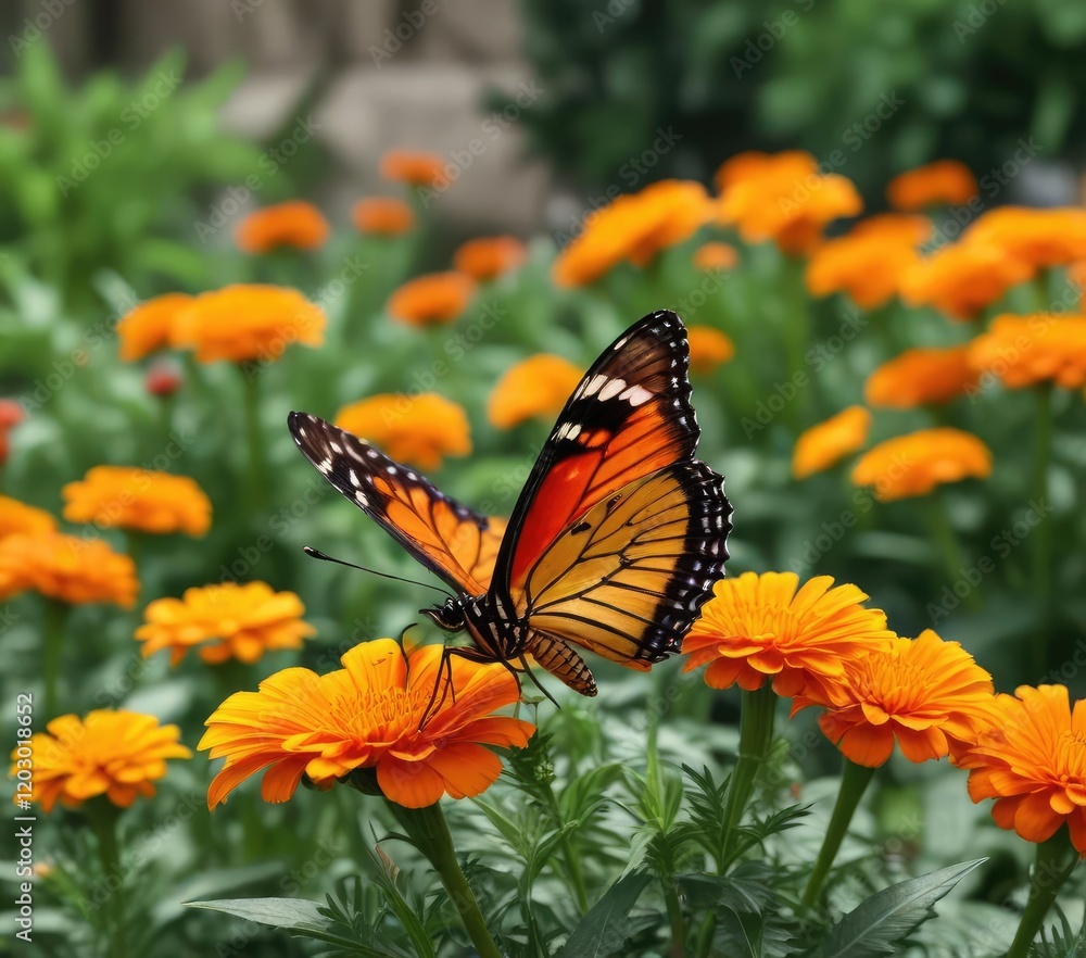 Butterfly perches on the bright orange marigold petals in a garden, insects on flowers, bright colors, beautiful butterfly Butterfly perches on the bright orange marigold petals in a garden, insects on flowers, bright colors, beautiful butterfly